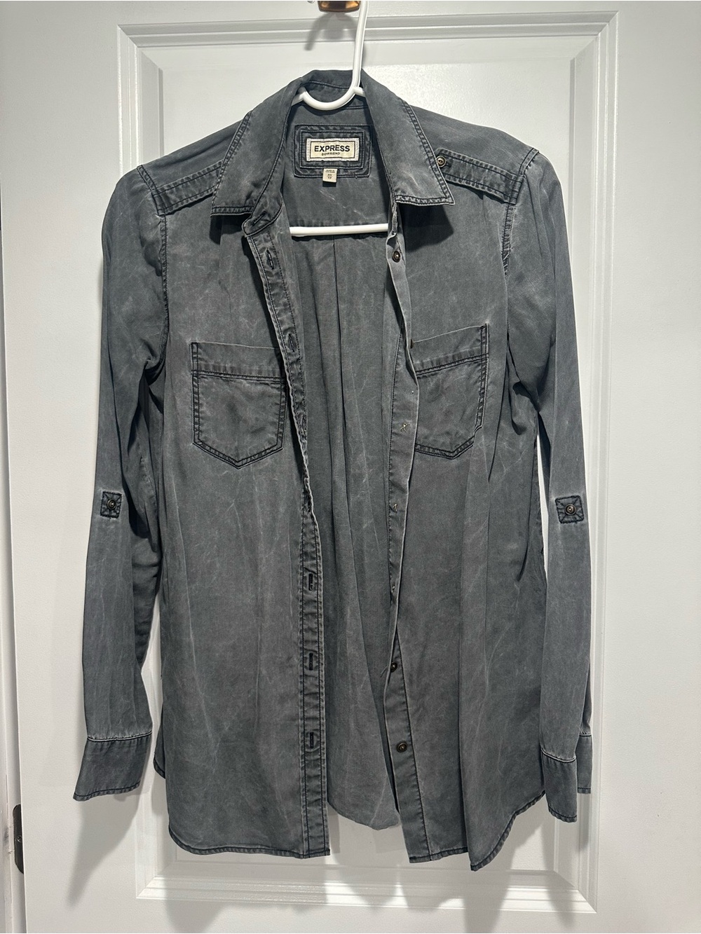 Express Womens Boyfriend Style Washed Gray Button-Up Shirt Jacket